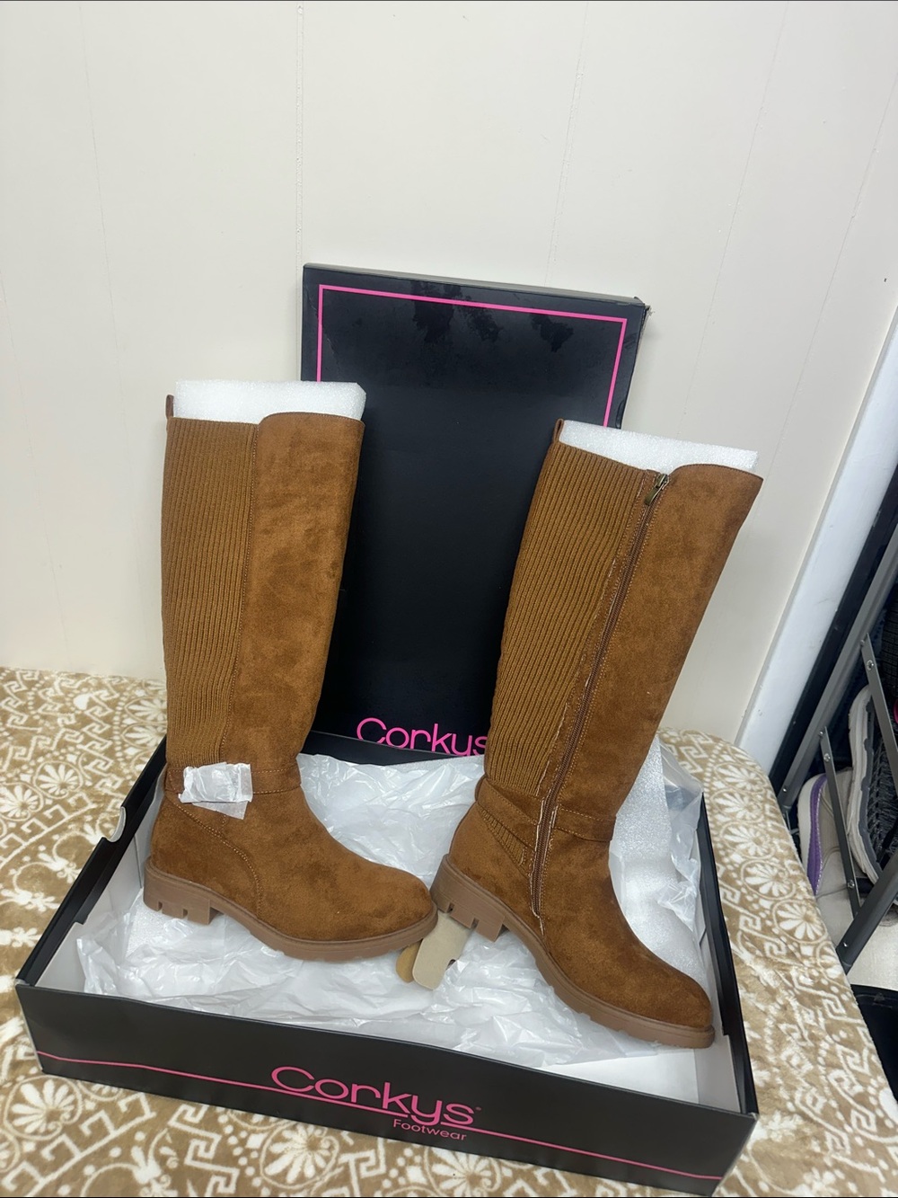 Corkys Tall Hey there Chestnut Suede-Look Ribbed Back Heeled Boots